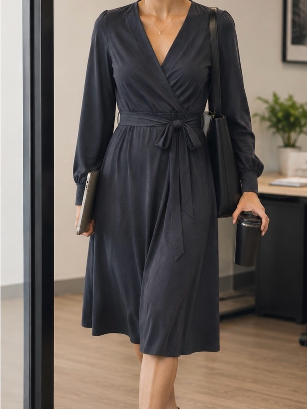 H&M Long Sleeve Wrap Midi Dress with Tie Waist S